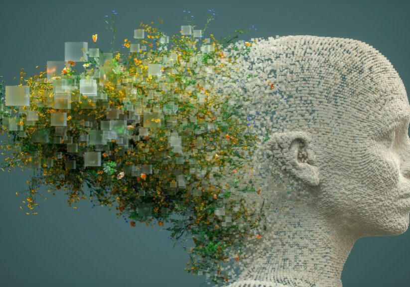 Abstract art of human head and pixels